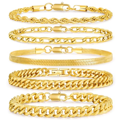 Qquqqu 5PC 8.3INCH G SL5-006 5Pcs Gold Cuban Link Chain For Men Sturdy Mens Gold Bracelet Carb Width Gold Chain Bracelet Exquisite Cuban Link Bracelet cover