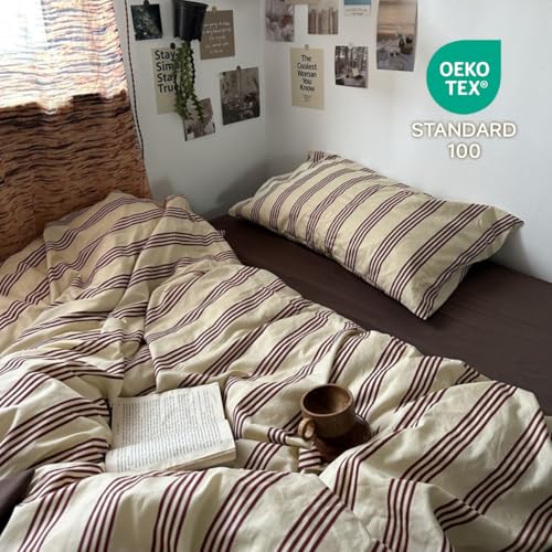 Image of Duvet Cover Set Full Size Beige Red Striped Bedding Set for Girls Boys,Vintage Back to School Duvet Cover Kids with Zipper Closure and 2 Pillowcases