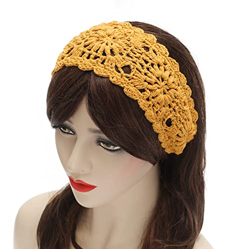 ZLYC Women Floral Headband Handmade Crochet Knit Vintage Hair Bands(Crochet Yellow) - Image 2