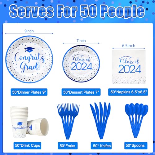 350pcs Class of 2024 Graduation Plates and Napkins Set, Disposable Paper Plate Set Polka Dots Plates Napkins Cups Knife Fork Spoon for Graduation Party Decorations and Supplies,Serve 50 (White Blue） - Thumbnail 2