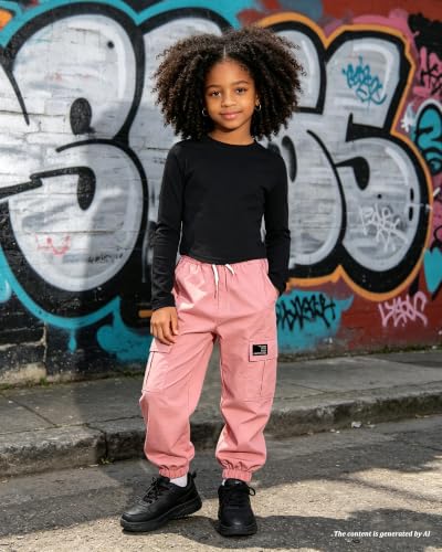 Image of Betusline Girls Fall Winter Clothing Sets, Long Sleeve Crop Top & Cargo Jogger Pants 2 Piece Outfit Sets,4T-14Y