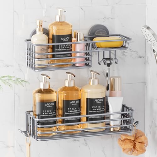 Image of LEVERLOC Shower Caddy Suction Cup, 2 Pack Shelves for Inside with Hooks | Grey Shower Storage, Soap Holder, Shampoo Holder, NO Drill Shower Holder, Rustproof Meatl Bathroom Basket