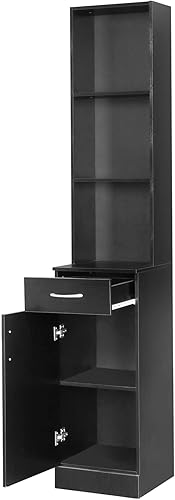 Miniatura 3 de Armario alto de baño, gabinete estrecho de lino delgado con estantes abiertos de 3 niveles y cajón, torre de lino independiente para baño, sala de