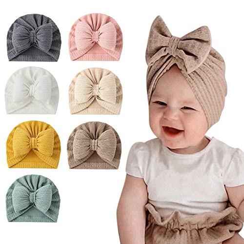7PCS Baby Turban Hats, Baby Girl Newborn Turban Infant Toddler Baby Hospital Hat Baby Beanie Hat Hair Bow Top Knot Head Wrap