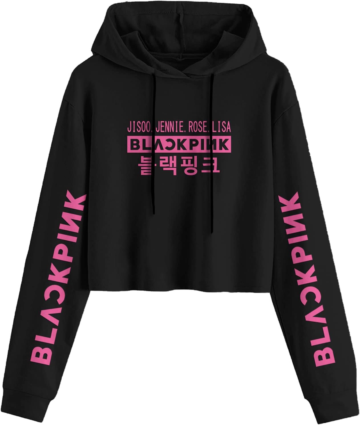 FUNKY MONKEY Blackpink Crop Hoodie Lisa Jennie Jisoo ROS๏ฟฝ K-pop Long Sleeve Printing Hooded Sweatshirt Pullover Sweater (for Summer and Winter) 11-12.