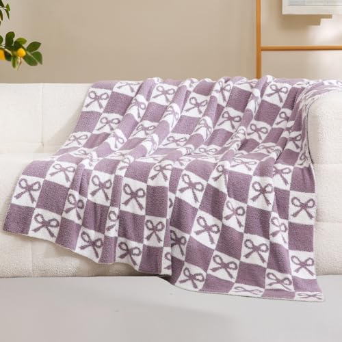 YIRUIO Bow Checkered Knit Throw Blanket Ultra Soft Microfiber Reversible,Fluffy Fuzzy Cozy Throw for Bed,Sofa Couch Home Decor Daughter Women Gift Purple 60x80 Inches