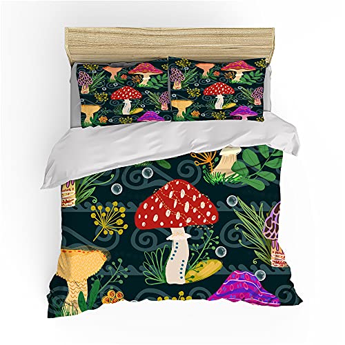 Sunnycitron Mushroom Duvet Cover Decorative 3 Piece Natural Plants Flowers Printing Quilt Cover Queen Size Colorful Soft Fiber Bedding Set For Kids Teens Girls Boys Adults 2 Pillowcases #TOP1