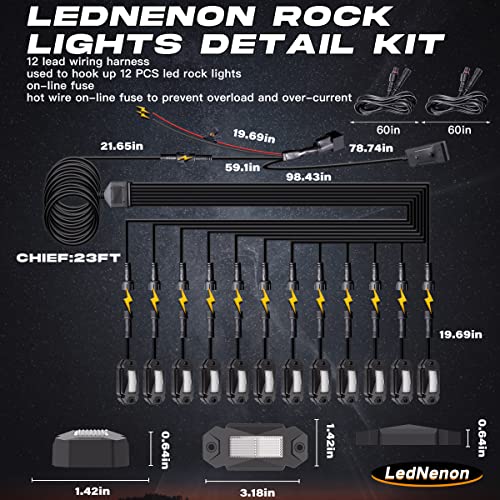 Lednenon R2 Led Rock Lights White 12Pods With 23Ft Wiring Harness Fuse Switch Kit For J-Eep Offroad Truck Suv Car Jk Xj Utv Atv Tj Rzr Boat Exterior White Rock Light Underbody Glow Neon Trail Rig Lamp #TOP5
