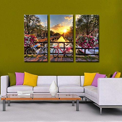 Noah Art-Street Art Print Post Sunrise Over An Amsterdam River Modern Cityscape Artwork Street Paintings On Canvas 3 Panel Stretched Street Wall Art For Living Room Wall Decor, 14X28Inchx3Pcs #TOP3