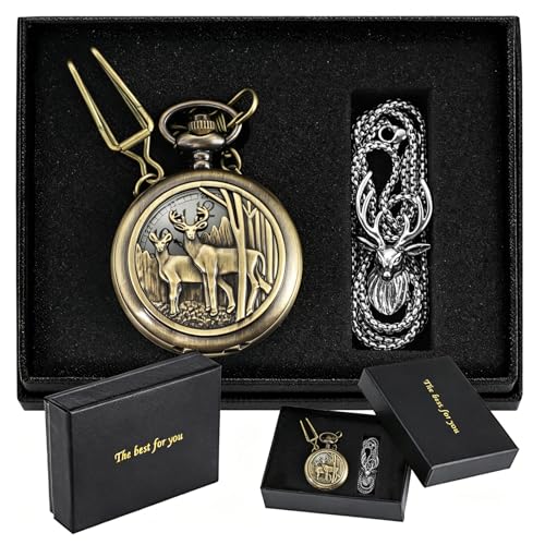 Image of Deer Pocket Watch for Men Pocket Watches with Chain Gift for Father's Day | Vintage Deer Case Pocket Watch Mens Quartz Watches with Chains Christmas Graduation Birthday Gifts Fathers Day