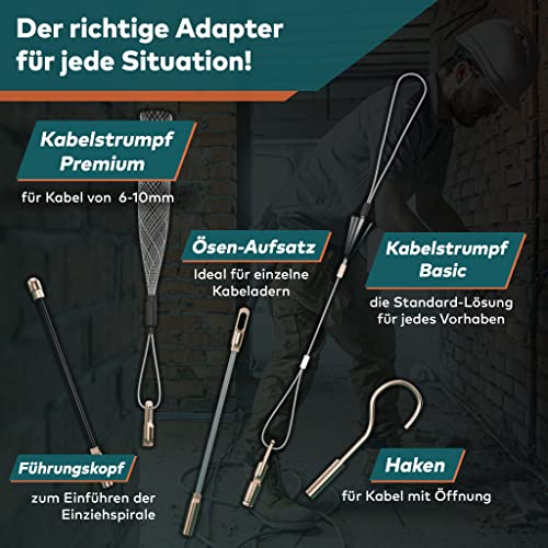 Die durchdachte Einziehspirale 30M für Leerrohre von FAIRMO - 4mm PET Zugdraht inkl. 5 Adapter - Kabeleinziehhilfe bruchsicher zum Ziehen - Einziehfeder für effektives Arbeiten - Einzugshilfe Kabel