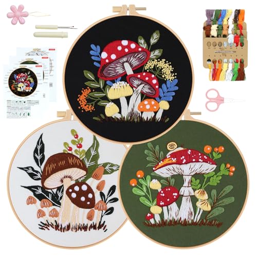Image of RidaaFri Embroidery Kit for Beginners, 3 Pk Stamped Mushroom DIY Craft Supplies with Hoop, Needles, Floss, Video, Complete Starter Kit for Learning Embroidery, Hobby Gift