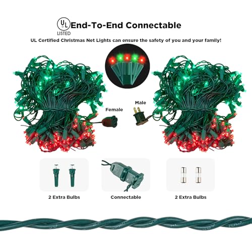 Image of Led Net Lights Christmas Lights Outdoor 200Led 9ftx6ft Upgraded Red and Green Christmas Net Lighting, Waterproof 5mm LED Wide Angle Outdoor Indoor Mesh Net Light for Trees, Bushes, Shrubs Decorations