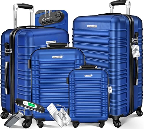 KESSER® 4-TLG. Kofferset Hartschalenkoffer, Reisekoffer 4er-Set S-M-L-XL, Trolley Koffer mit 4 Rollen, ABS Hartschale, Teleskopgriff + Kofferwaage & Gepäckanhänger, Rollkoffer mit Schloss, Blau