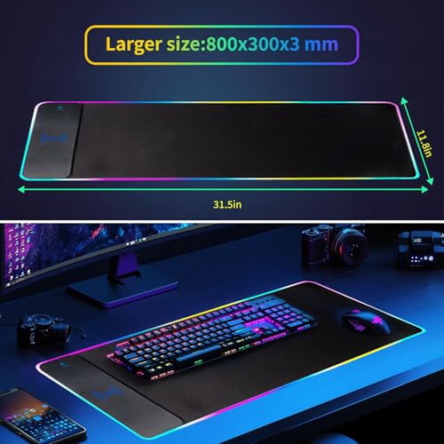 Image of RGB Gaming Mouse Pad with Wireless Charging 15W, LED Mouse Mat 31.5 * 11.8 in, 10 Light Modes Extra Large Mousepad Non-Slip Rubber Base Computer Keyboard Mat for Gaming, MacBook, PC, Laptop, Desk
