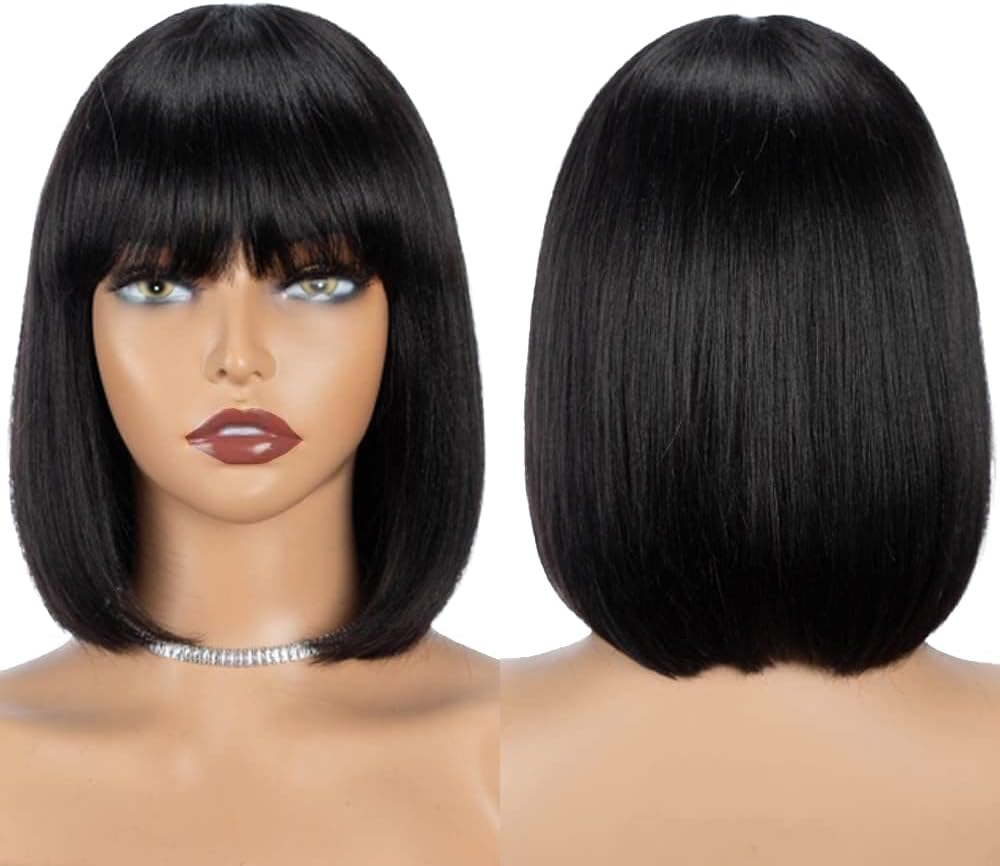 Rebecca FashionBob Wig with Bangs Human Hair 10 Inch Light Yaki Straight Short Bob Human Hair Wigs for Black Women Wear and Go Glueless Wig for Daily Wear Natural Color