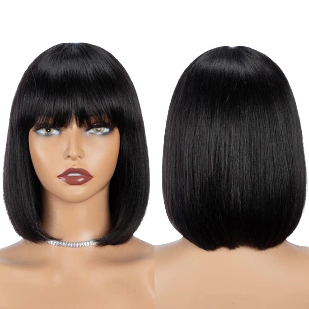Rebecca FashionBob Wig with Bangs Human Hair 10 Inch Light Yaki Straight Short Bob Human Hair Wigs for Black Women Wear and Go Glueless Wig for Daily Wear Natural Color
