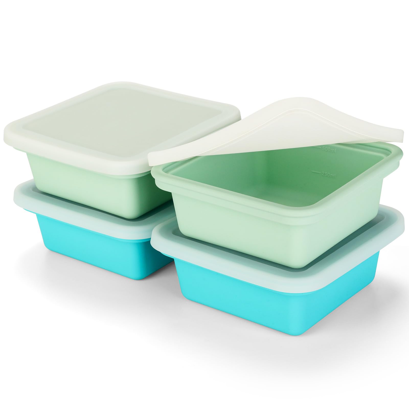Romon Silicone Freezer Mould Set of 4 with Lid, 500 ml, BPA-Free, with Measuring Scale, Blue & Green, for Soups, Food and Ice Cubes for Freezer