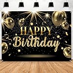 Black & Gold Happy Birthday Decoration Backdrop 7x5ft Large Gold Glitter Balloons Sign Party Background for Adult Kids Photo Booth Decor Large Wall Decor Props Party Supplies for Women