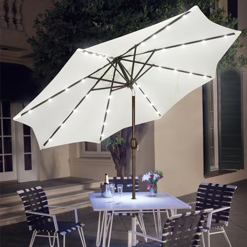 Image of Blissun 9 ft Solar Umbrella, 32 LED Lighted Patio Umbrella, Table Market Umbrella, Outdoor Umbrella for Garden, Deck, Backyard, Pool and Beach (Creamy White)