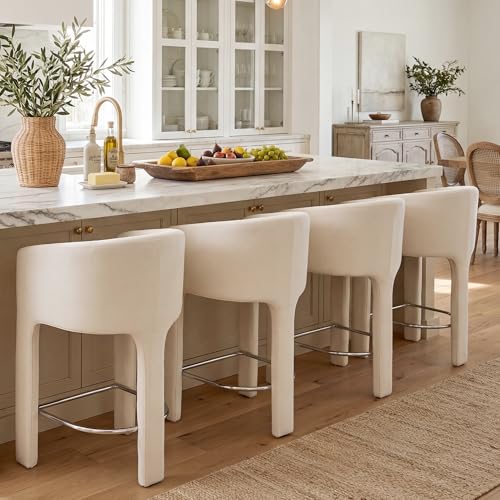 Image of HNY Modern Barrel Bar Stools Set of 4, 26 Inch Upholstered Velvet Counter Height Barstools with Back and Armrests, for Kitchen Island, Home Bar, Dining Room, No Assembly, Cream