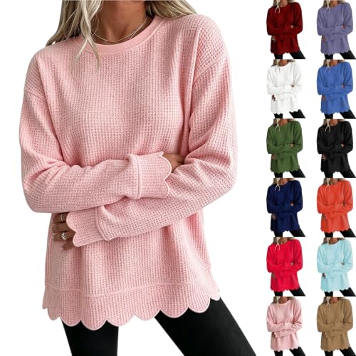 Waffle Knit Shirt Women Long Sleeve Scalloped Pull Over Sweaters Fall - image 1