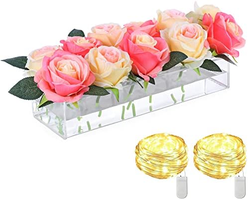 Clear Acrylic Flower Vase Rectangular Floral Centerpiece for Dining Table, 12 Inches Long Acrylic Vases for Centerpieces&Dining Table Centerpiece Décor&Home Decor&Weddings(12 Holes with LED Lights)