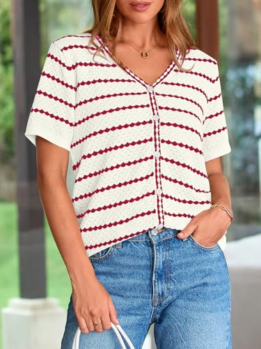 NALANISA Women's Short Sleeve Sweater Spring Summer Crochet Knit Tops 2025 V Neck Striped Button Down Dressy Casual Blouses4