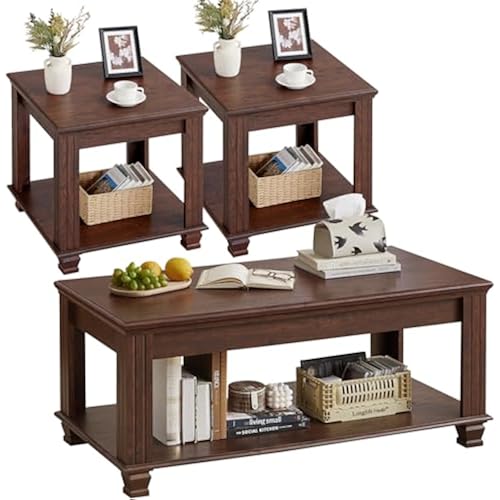 SAVOR LIFE Farmhouse Coffee Table Set of 3, Walnut