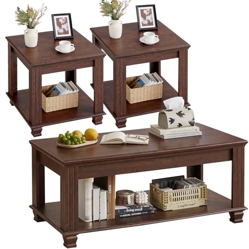 SAVOR LIFE Farmhouse Coffee Table Set of 3 Walnut
