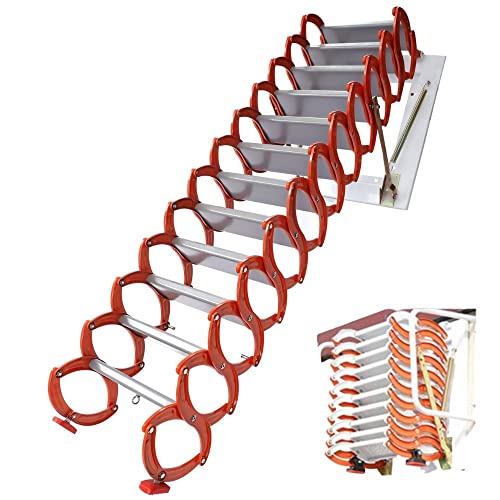 LOYALHEARTDY Scissor Attic Ladder, Aluminum and Magnesium Alloy Wall Mounted Attic Loft Ladder with Adjustable Handrails, White+Orange Pull Down Attic Ladder(Max Height/Load 149.6''/881.84 Lb)