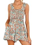 DEEP SELF Rompers for Women Dressy Summer Boho Floral Sleeveless Square Collar Ruffle Straps High Wa