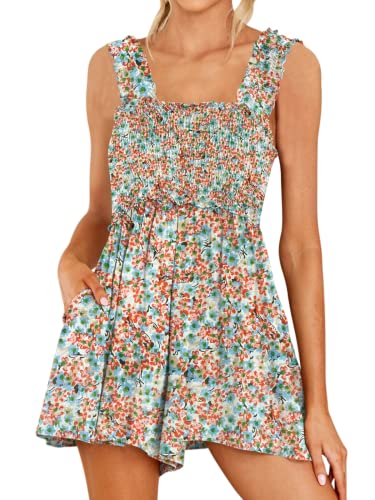 Deep Self Rompers For Women Dressy Summer Boho Floral Sleeveless Square Collar Ruffle Straps High Waist Wide Leg Flowy Shorts Jumpsuit With Pockets Blue Floral #TOP18