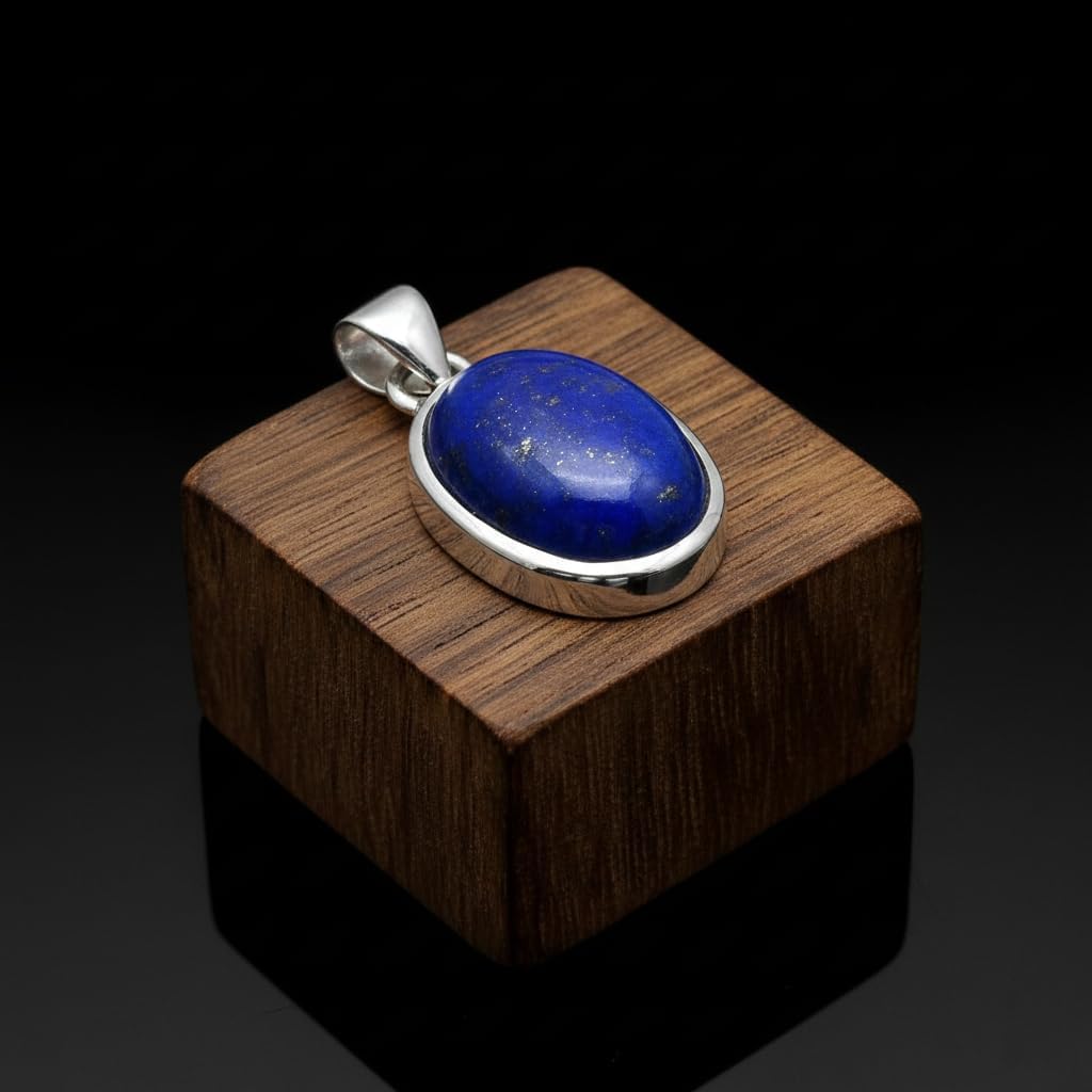 JUS Natural Lapis Lazuli Pendant Necklace | Genuine Blue Gemstone Oval Cabochon | 925 Sterling Silver Handmade Jewelry for Women & Men