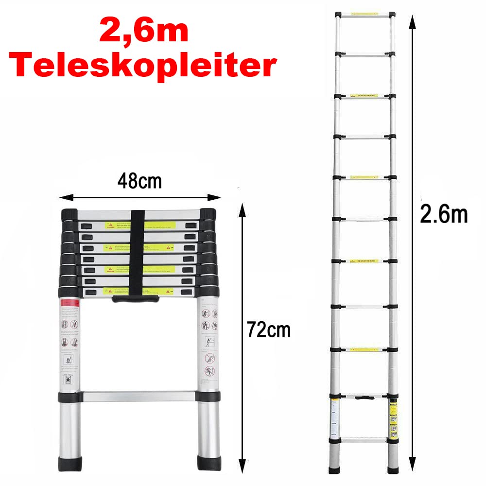 Escalera telescópica extensible de aluminio de 2,6 m, resistente, con 9 peldaños, capacidad de carga de 150 kg, EN131