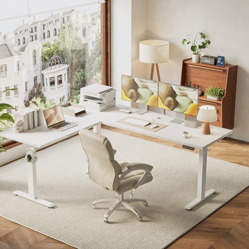 Image of Agilestic Triple Motors 73 inch x 60 inch L Shaped Standing Desk, Electric Standing Desk Adjustable Height, Extra Large Desktop Corner Table for Home Office, Gaming Workstation, Splice Board, White