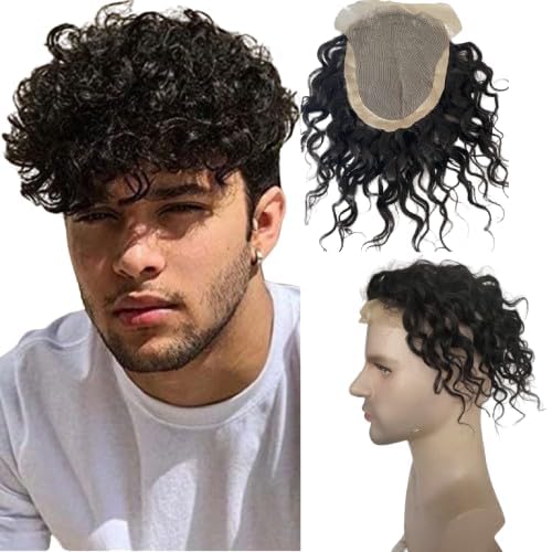 Voloria Swiss Lace Front with PU Men's Toupee Man Hairpieces Human Hair Replacement System for Men 4.5x7inch 10inches Long Curly Hair 1B Black Color