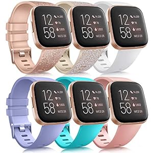 6 Pack Sport Bands Compatible with Fitbit Versa 2 / Fitbit Versa / Versa Lite / Versa SE, Classic Soft Silicone…