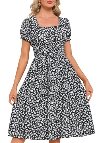 Image of Women's 2026 Summer Boho Floral Midi Dress Casual Square Neck Puff Sleeve A Line Dresses with Pockets