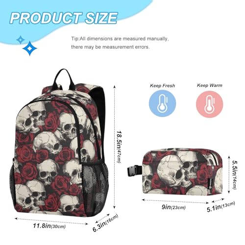 Skulls Roses Backpack Lunch Bag Set for Travel Hiking Picnic, Backpacks with Insulated Lunch Box2