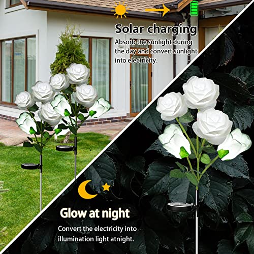 XVZ Solar Flower Outdoor Garden Lights,2 Packs Solar Garden Stake Lamps with 10 Rose Flower Waterproof Decorative Lights for Lawm Patio Yard Pathway Party Decoration(White) - Image 4