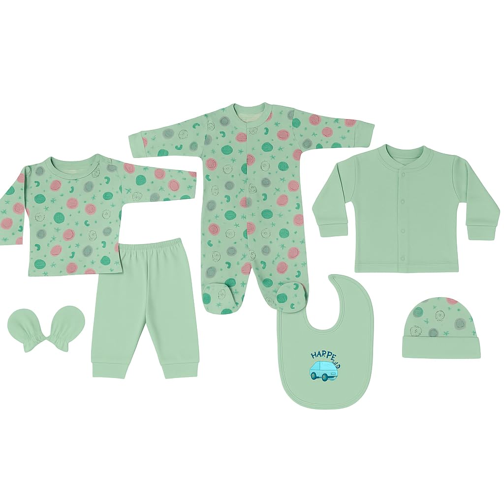 Fash-N-Vibe 7-Piece Newborn Baby Clothing Set – Romper, 2 T-Shirts, Pants, Cap, Mittens & Bib | Soft Cotton | Unisex Baby Gift Set for 0-6 Months-image-25