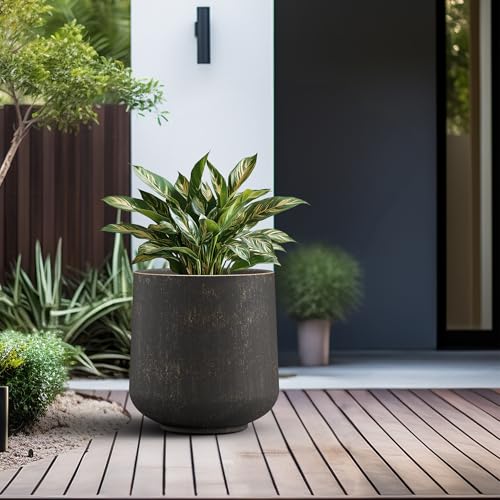 Image of Kante Large Round Curved Vintage BRN Concrete Planter 16.5 inch Dia, Outdoor | Rubber Plug for Indoor, Drainage for Garden, All-Weather Cement Tree Pot, Handcrafted, Anti-Frost & UV, Modern Home Decor