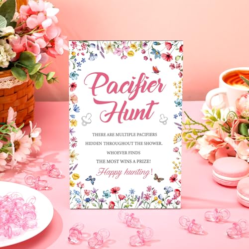 Image of Thyle 51 Pcs Pacifier Hunt Baby Shower Games Include Hunt Sign and 50 Acrylic Pacifiers for Baby Shower Game Decoration Gift Sets Gender Reveal Party Decor(Wildflower)