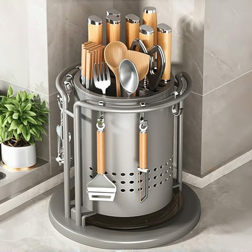 OXIZER 360°回転式包丁ホルダー, 水切り機能付き大容量設計, 抗菌素材丸洗い可能, 省スペースキッチン収納,フック付き調理器具整理, 衛生的ステンレス製, 飲食店/家庭兼用, 日本向けコンパクト設計, 簡単取り付け (レギュラーサイズ,グレー)