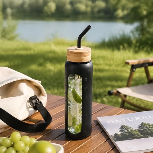 Image of 32 oz Glass Water Bottle with Straw - 2 Lids (Bamboo & Spout Lid), 1L Motivational Borosilicate Glass Daily Water Intake Bottle with Time Marker, Silicone Sleeve for Home Office-Black