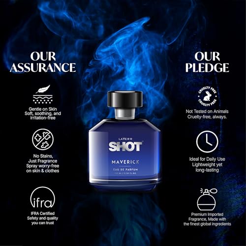 Image of Layer'r SHOT Maverick Eau De Parfum for Men, 100ml | Long-lasting fresh fragrance with citrus, ozonic, white floral, aromatic, amber & moss notes for everyday wear.