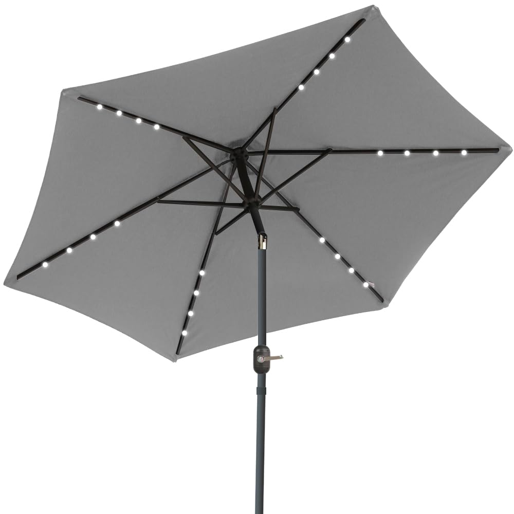 Blümme Grey 2.5M Tilting Garden Parasol Sun Shade Patio Outdoor Umbrella Canopy With Solar Led Lights
