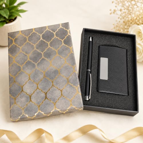 Image of Pen and Card Holder Gift Set with Decorative Box, Black | Rakshabandhan Gift for Brother