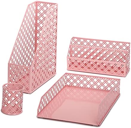 Exerz Desk Organiser 4 Pieces/Office Set/Desktop Metal Mesh Filing Including: A4 Letter Tray x 1, A4 Magazine Rack/Upright Document Holder x 1, Letter Sorter x1, Pen Holder x 1 (Light Pink)